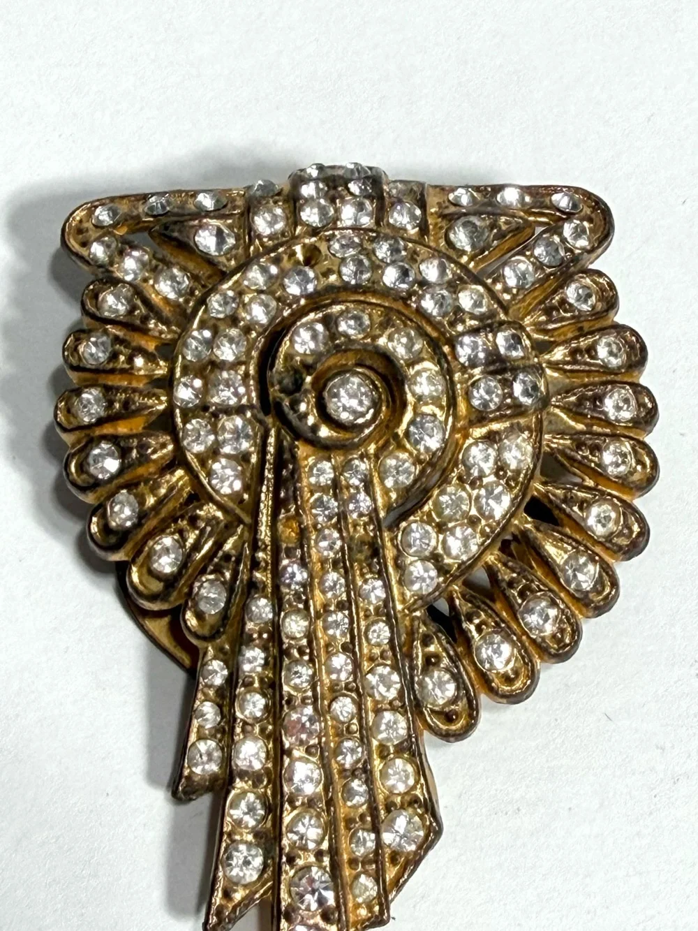 Art Deco Egyptian Revival Dress Clip 1930s Pat 1801128 Rhinestones Gold Tone